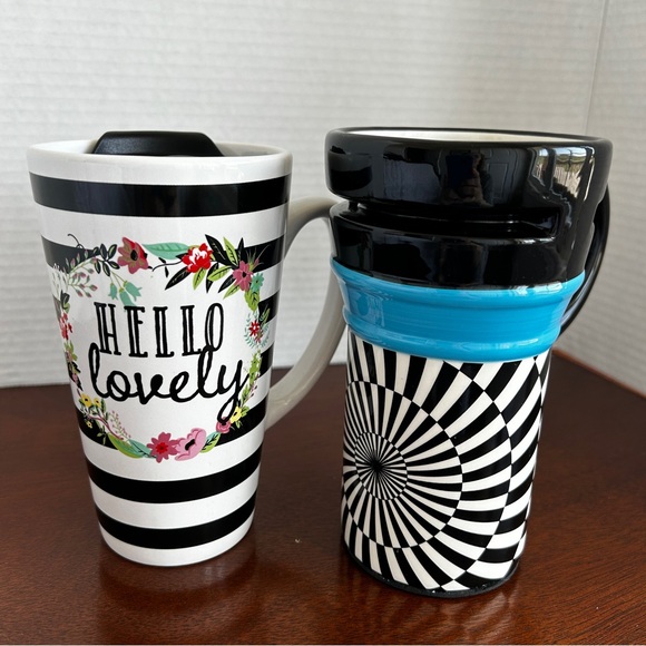 Set of 2 Ceramic Travel Mugs Black and White OP Art Floral - Picture 2 of 16